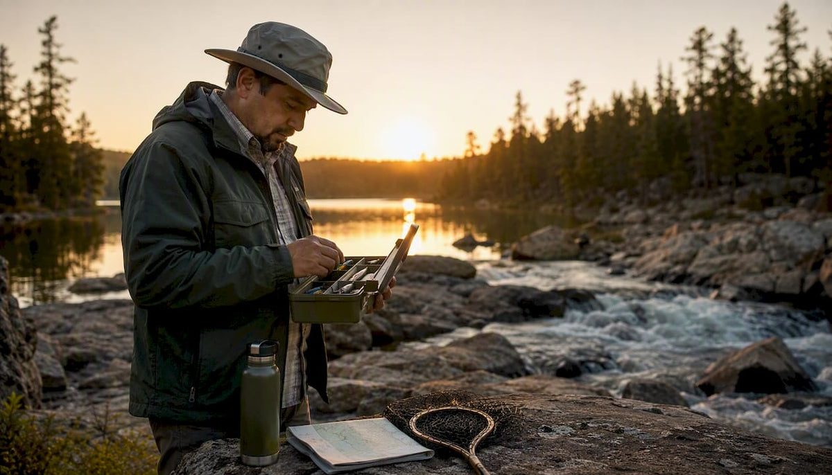 Angler organizing fishing gear at river in national park
