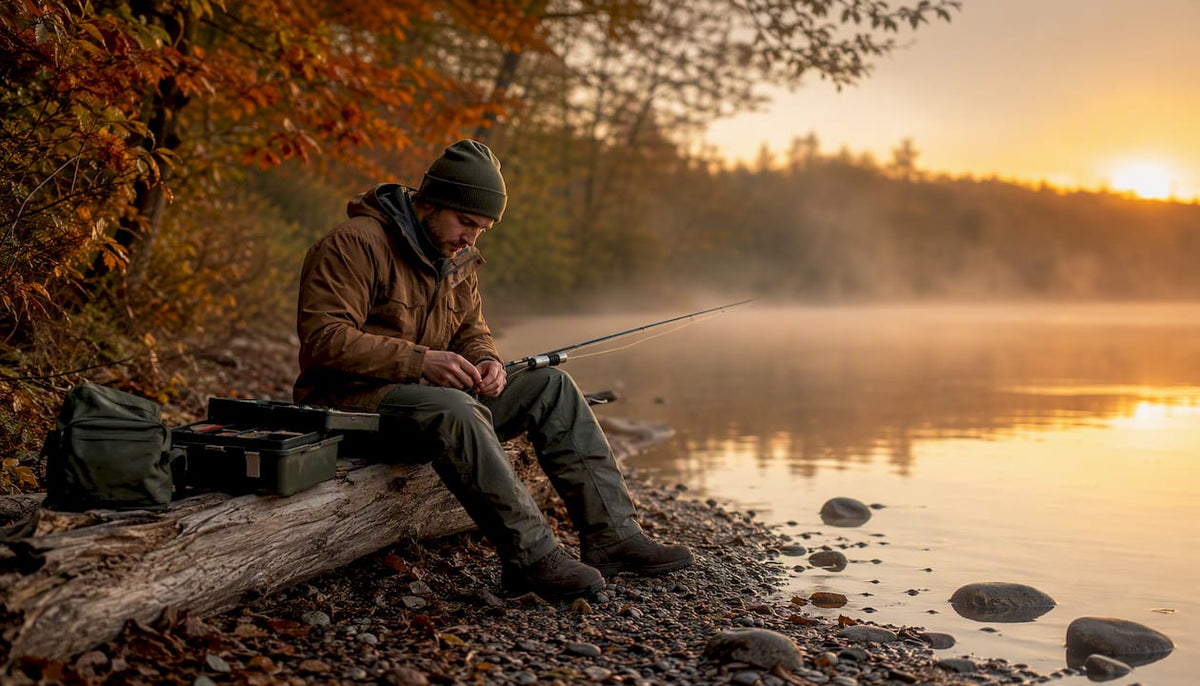 Angler in earth tone outfit fishing at dawn