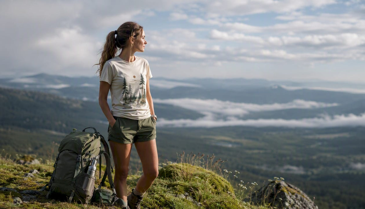 Hiker wearing outdoor graphic tee on trail