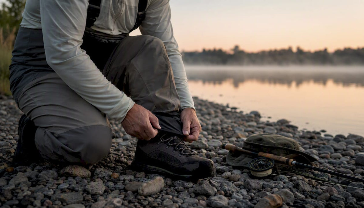Angler putting on base layers under waders at dawn