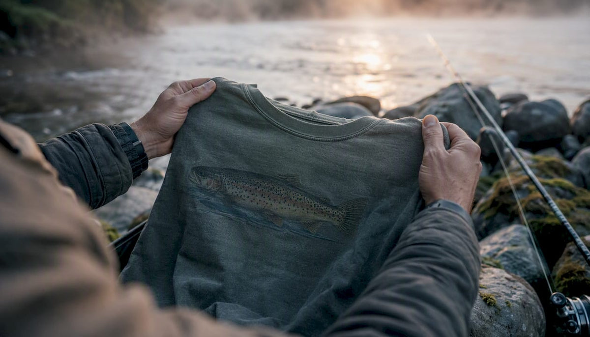 Hands holding garment-dyed trout-themed tee at riverbank dawn