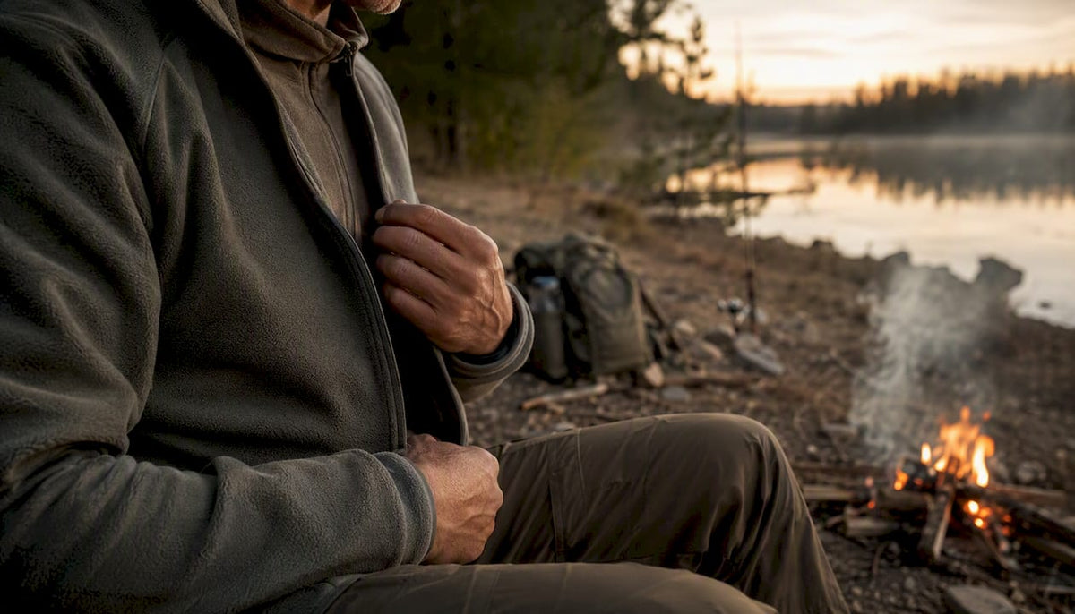 Angler adjusting campfire layering at dawn