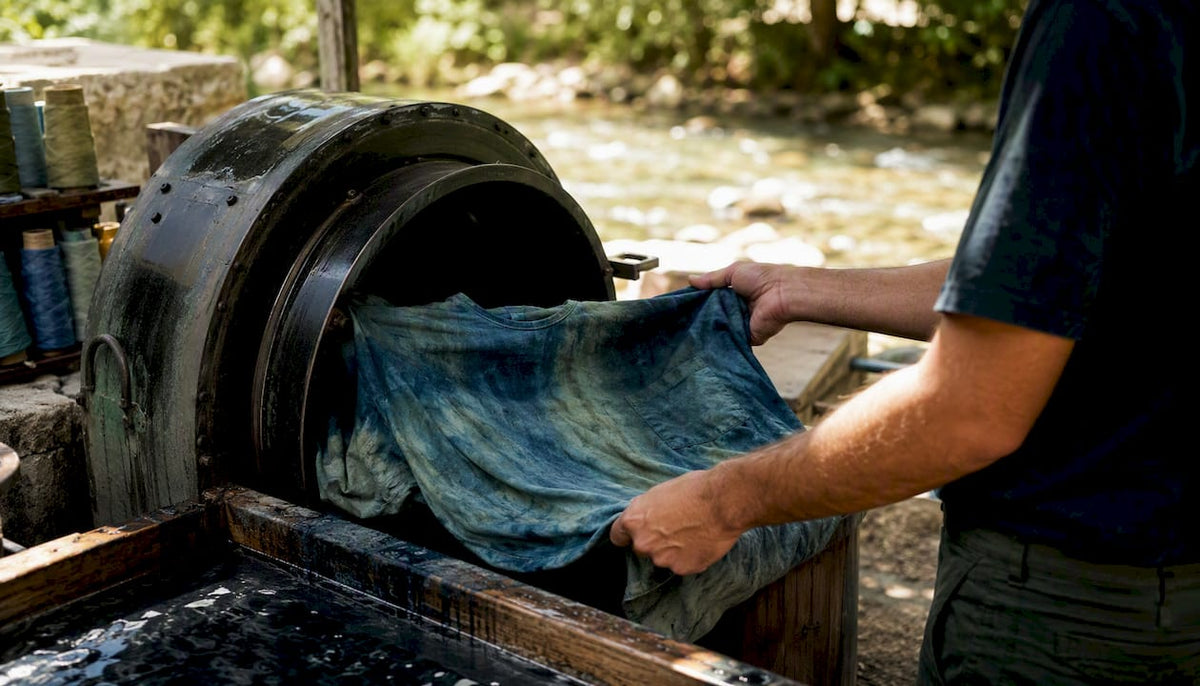 Hands placing tee into garment dye drum