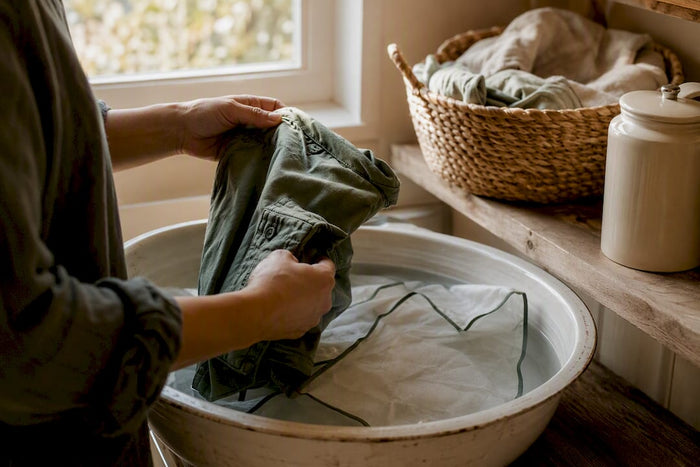 Hands washing garment dyed shirt with color catcher sheet