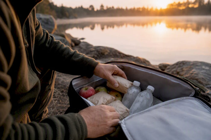Angler packing lunch with frozen bottles at dawn