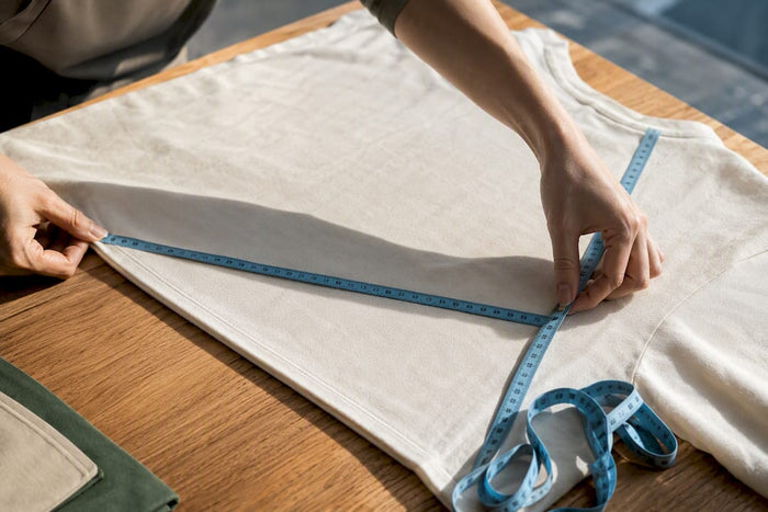 Hands measuring a flat cotton shirt