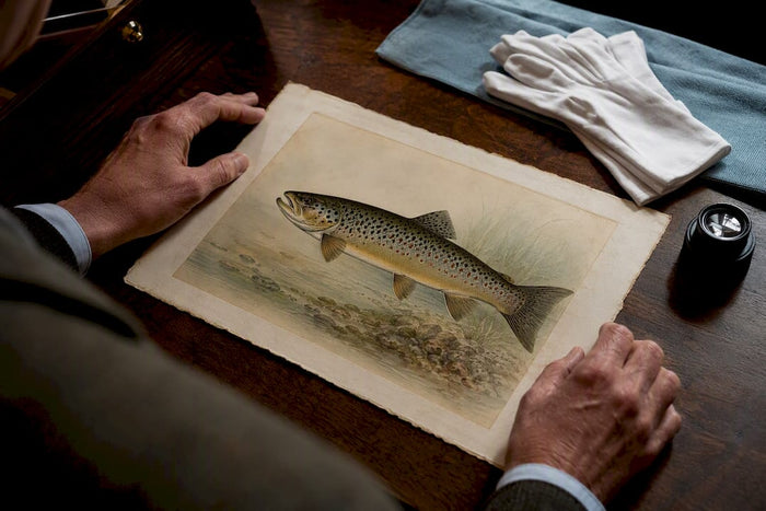 Hands examining a vintage trout print