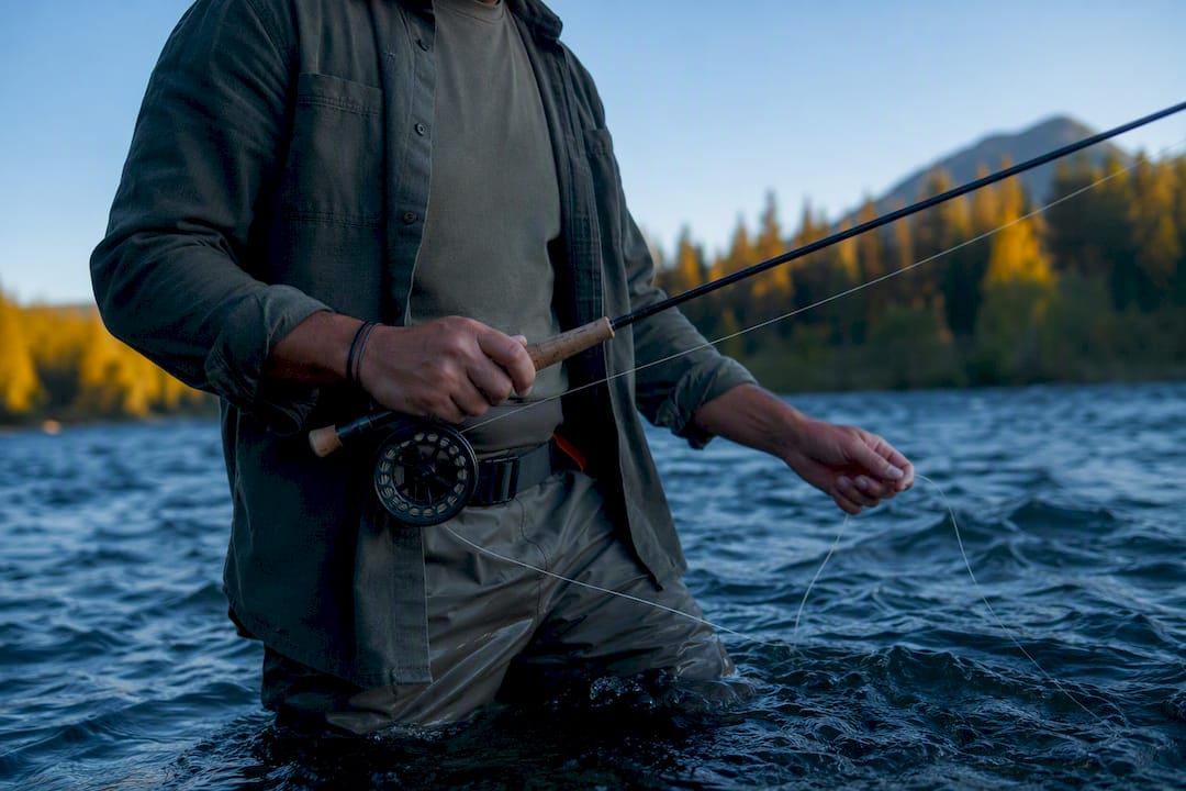 Angler layering clothing beside Yellowstone river