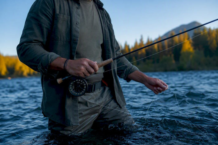 Angler layering clothing beside Yellowstone river