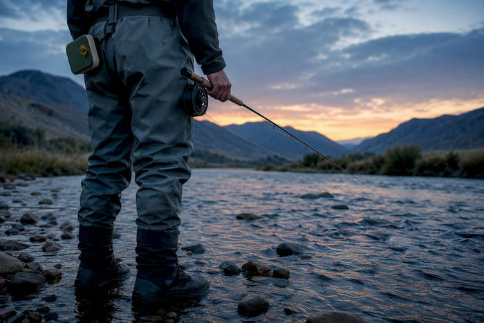 Angler in muted layers beside dawn stream