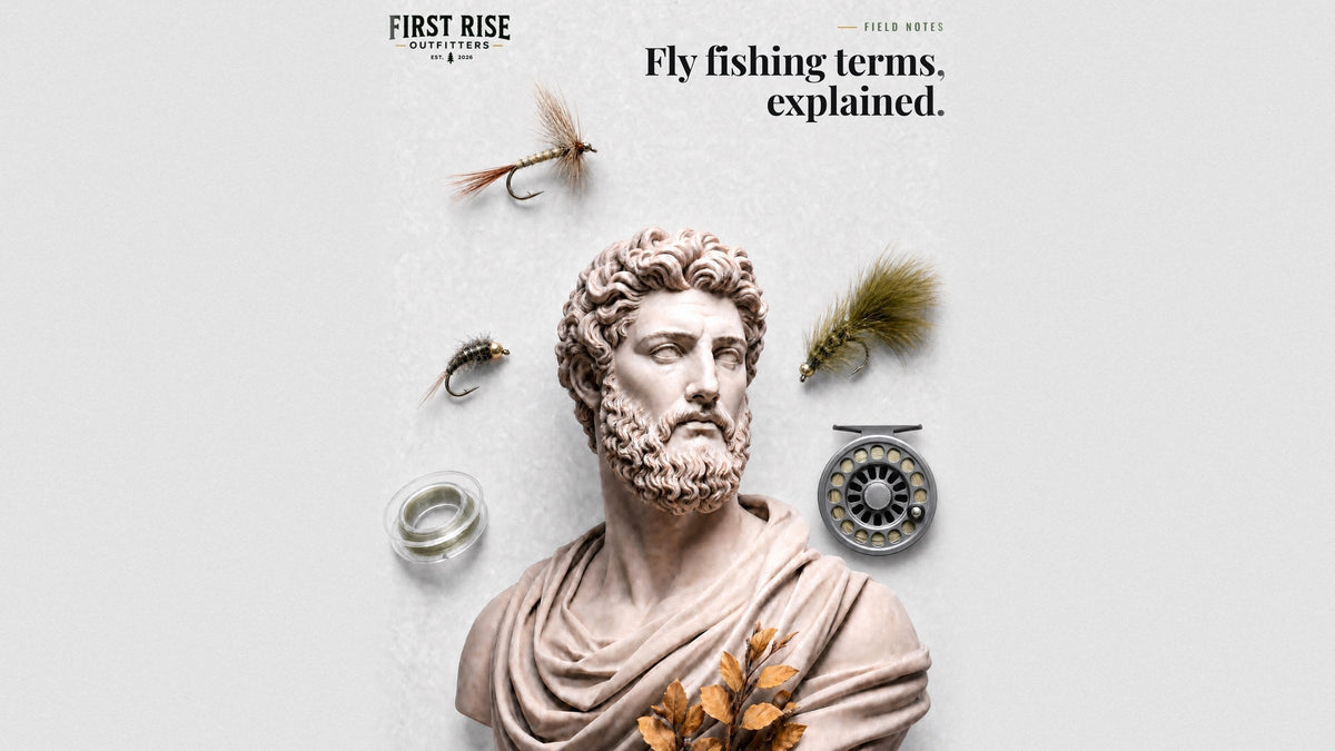 Marble bust surrounded by a dry fly, nymph, streamer, tippet spool, and fly reel, with the headline Fly fishing terms, explained