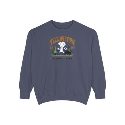 Slate blue Yellowstone National Park embroidered crewneck with Old Faithful, mountains, pines and a bison stitched across the chest