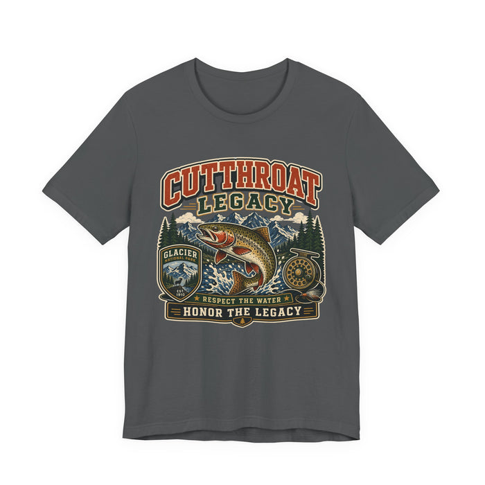Asphalt gray Cutthroat Legacy t-shirt with leaping cutthroat trout, Glacier patch, and Honor the Legacy banner