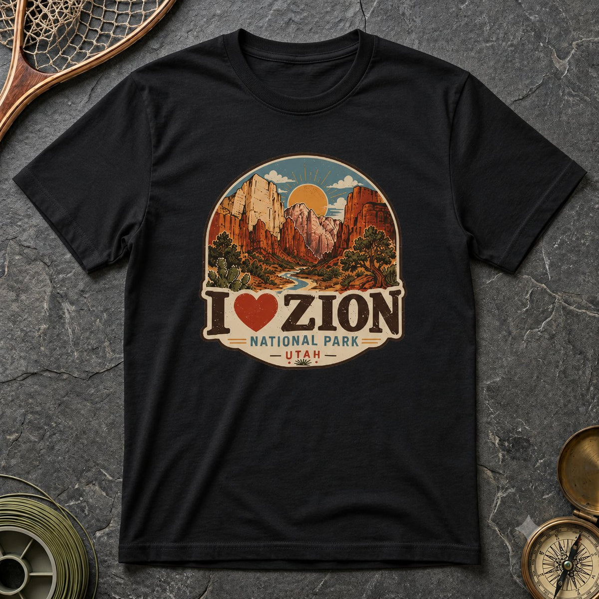 Black I Heart Zion National Park Utah tee on dark stone with circular scenic canyon print