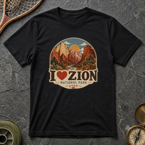 Black I Heart Zion National Park Utah tee on dark stone with circular scenic canyon print