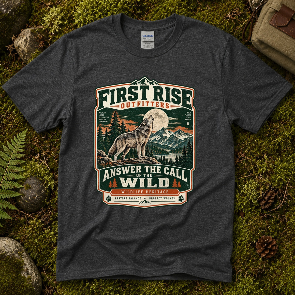 Dark heather grey Answer the Call of the Wild tee laid flat on green moss with ferns, river stones and a pinecone, showing a vintage badge of a howling wolf under a full moon