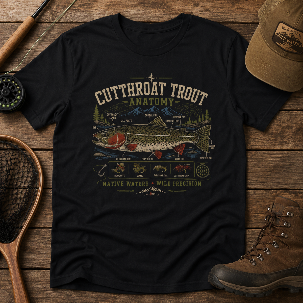 Cutthroat Trout Anatomy field guide tee, flat-lay styled with outdoor gear