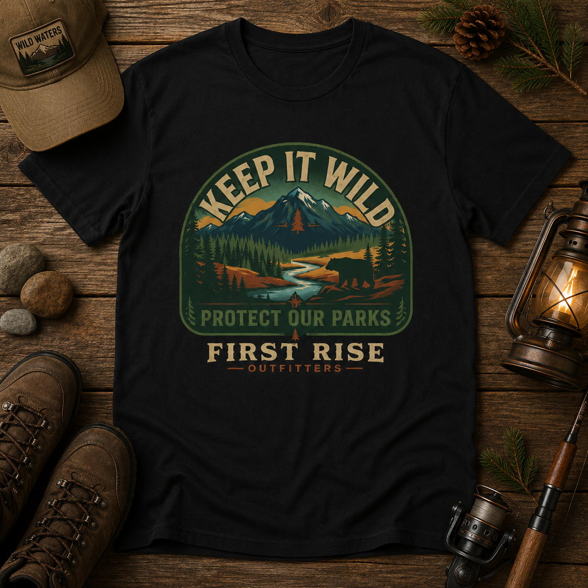 Keep It Wild Mountains tee in black, flat-lay on weathered wood with hiking boots, a lantern and a fishing rod