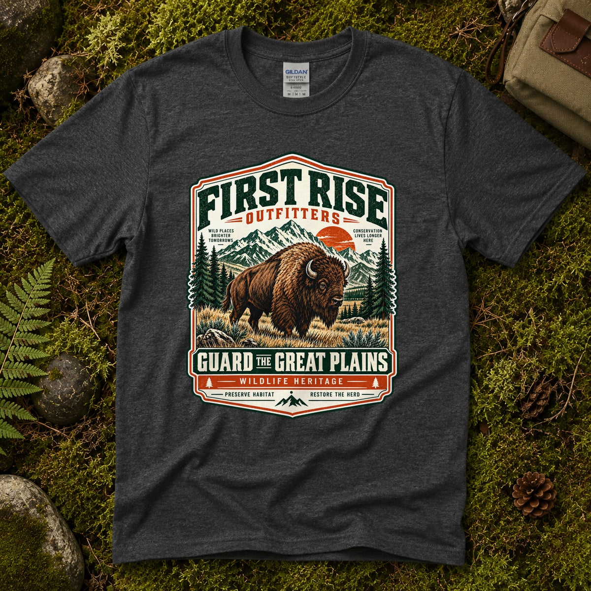 Dark heather grey Guard the Great Plains tee laid flat on green moss with ferns, river stones and a pinecone, showing a vintage badge of a bison on open grassland below snowcapped peaks