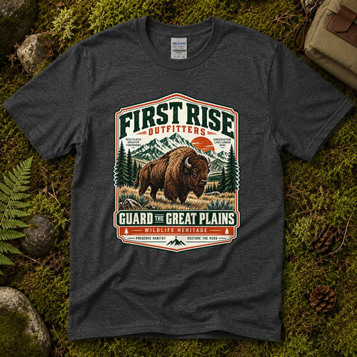 Dark heather grey Guard the Great Plains tee laid flat on green moss with ferns, river stones and a pinecone, showing a vintage badge of a bison on open grassland below snowcapped peaks