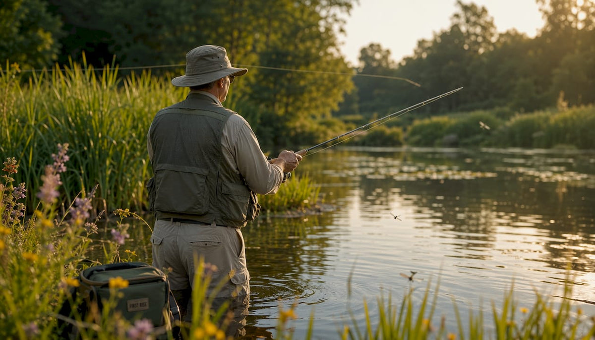 Angler casting fly rod in cold headwater stream