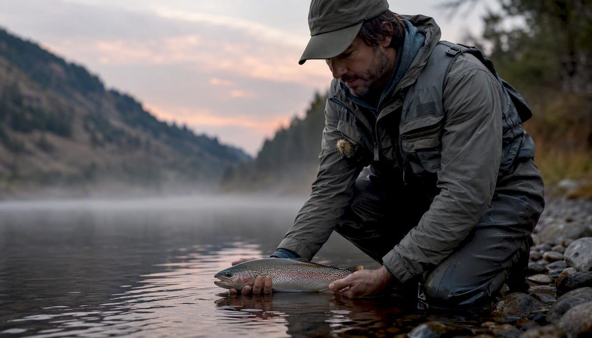 Angler carefully releasing trout at dawn riverbank