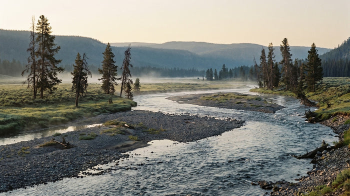 Wide braided river running through a national park valley at early morning, mist over meadow grass with lodgepole pine and forested ridges behind