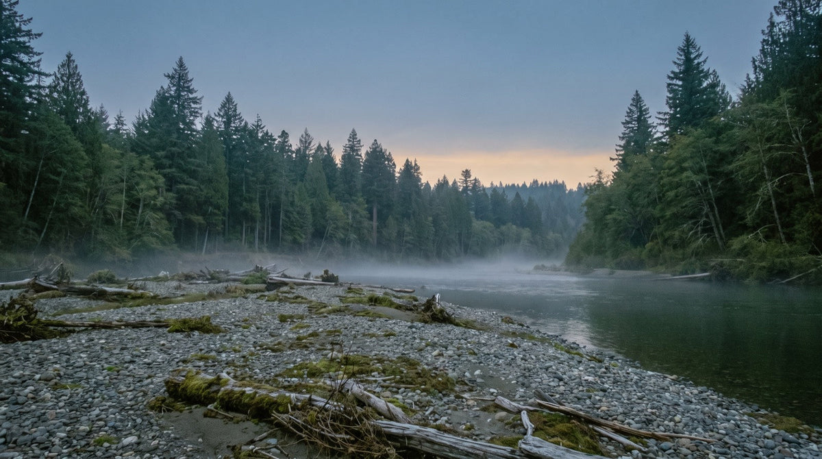 Pacific Northwest steelhead river at first light, mist over dark water with a gravel bar and driftwood in the foreground