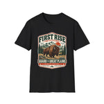 Black Guard the Great Plains bison tee with a vintage Wildlife Heritage badge of a bison under a red rising sun — thumbnail 4