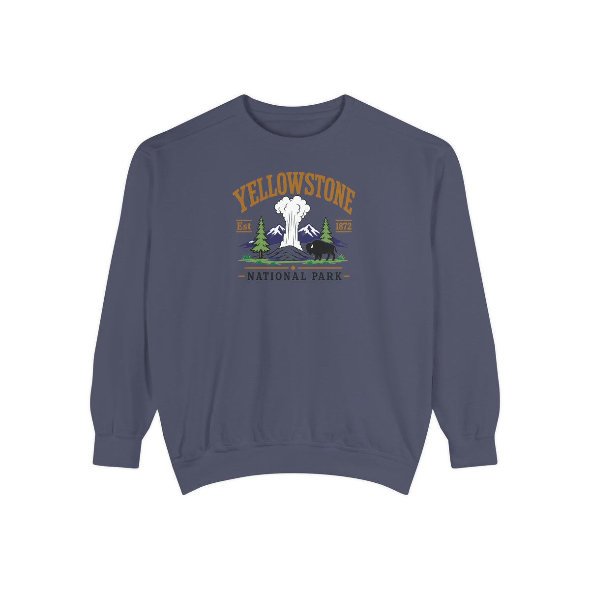 Slate blue Yellowstone National Park embroidered crewneck with Old Faithful, mountains, pines and a bison stitched across the chest