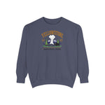 Slate blue Yellowstone National Park embroidered crewneck with Old Faithful, mountains, pines and a bison stitched across the chest — thumbnail 1