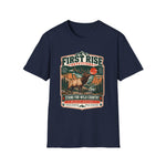 Navy Stand For Wild Country elk shirt with a vintage Wildlife Heritage badge of a bull elk at sunrise — thumbnail 5