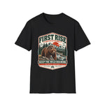 Black Keep the Wild Roaming grizzly tee with a vintage badge of a grizzly bear above a mountain river and pines — thumbnail 2