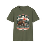 Military green Keep the Wild Roaming grizzly shirt with a bear badge under snowcapped peaks and a red rising sun — thumbnail 4