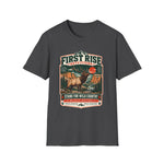 Dark heather grey Stand For Wild Country tee with a bugling bull elk badge over canyon country and river pines — thumbnail 4