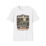 White Answer the Call of the Wild wolf tee with a vintage badge of a howling wolf under a full moon and mountain peaks — thumbnail 2