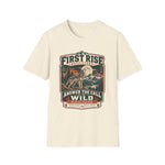 Natural cream Answer the Call of the Wild tee with a howling wolf badge over pines and open water — thumbnail 4