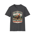 Dark heather grey Guard the Great Plains bison tee with a vintage badge of a bull bison on grassland below snowcapped peaks — thumbnail 2