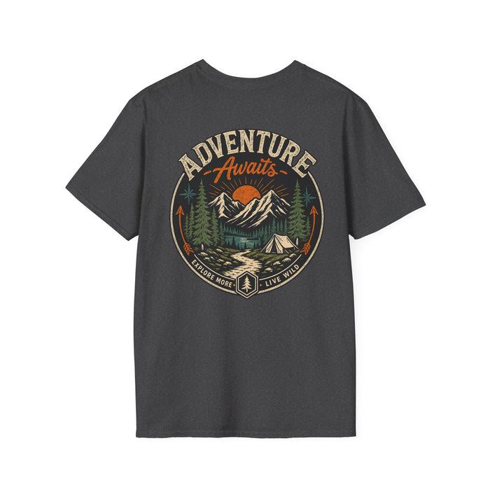 Adventure Awaits Vintage Camping T-Shirt | Retro Mountain Hiking Tee | Outdoor Adventure Graphic Shirt
