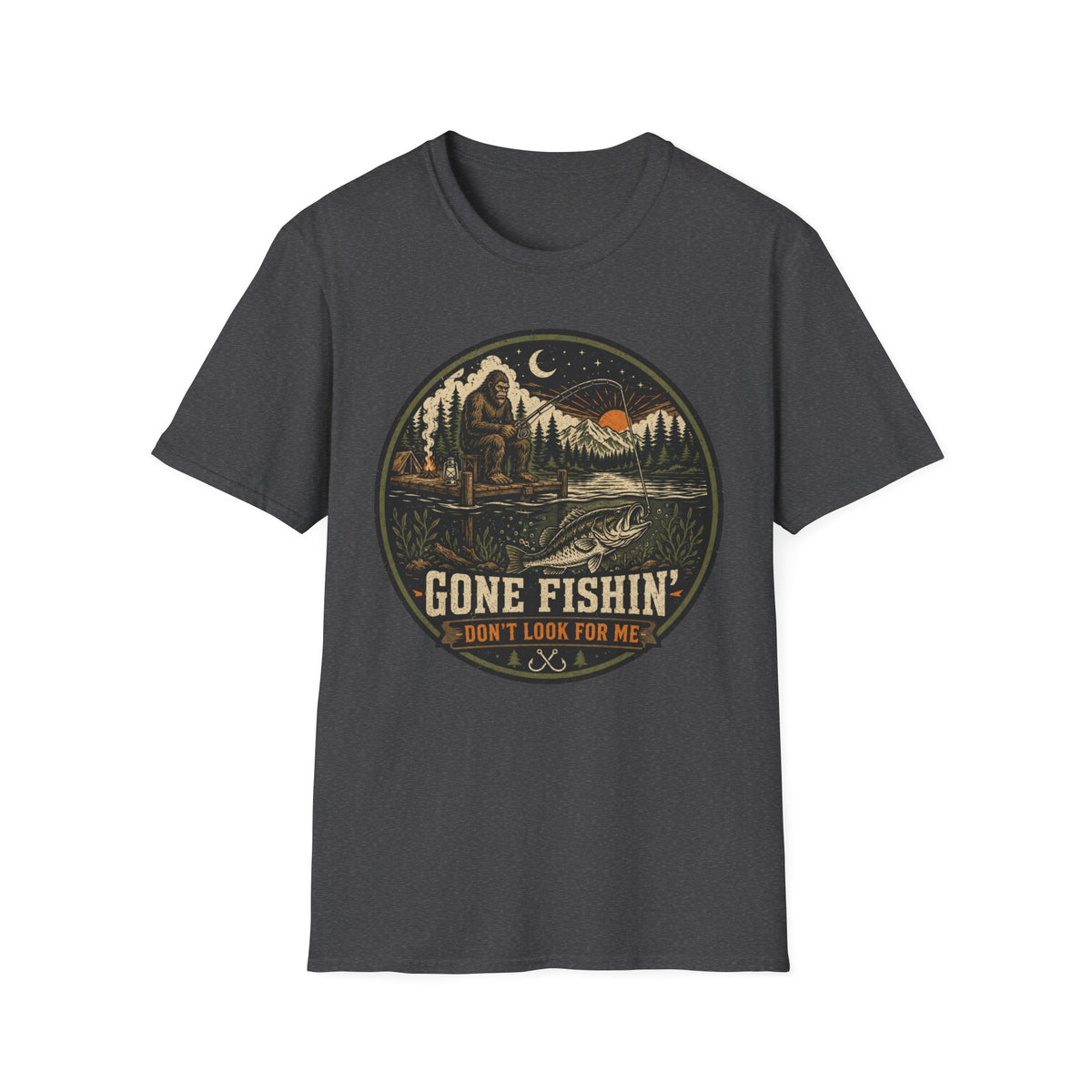 Gone Fishin’ Don’t Look For Me Shirt | Bigfoot Fishing Graphic Tee