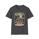 Dark heather grey Answer the Call of the Wild wolf shirt with a vintage Wildlife Heritage moon and mountain badge — thumbnail 5