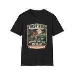 Black Answer the Call of the Wild wolf t-shirt with heritage badge art reading Restore Balance, Protect Wolves — thumbnail 3