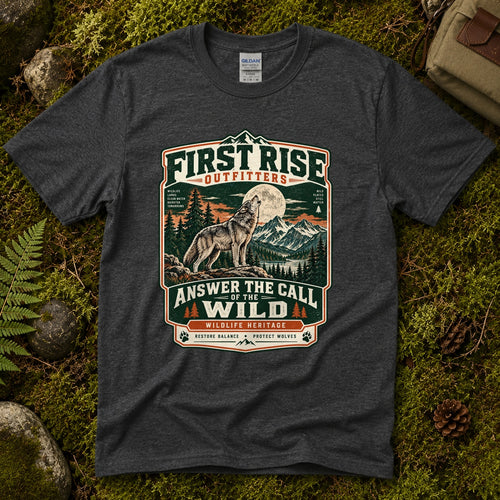 Dark heather grey Answer the Call of the Wild tee laid flat on green moss with ferns, river stones and a pinecone, showing a vintage badge of a howling wolf under a full moon