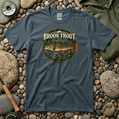 Brook Trout t-shirt in dark heather laid flat on river stones beside a fly rod and tippet spool