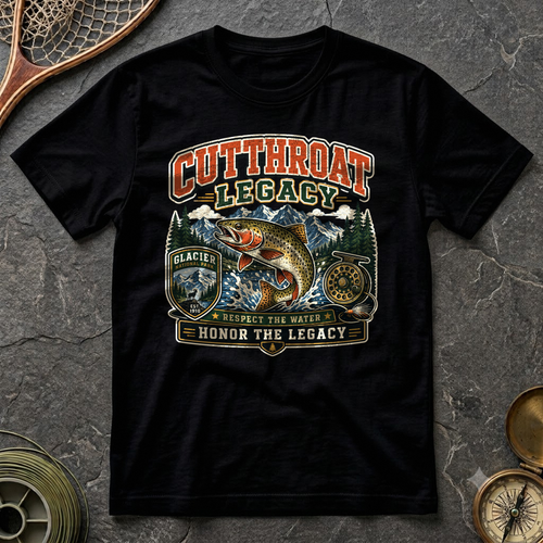 Cutthroat Legacy tee in black, flat-lay on dark slate with a wooden landing net, brass compass and a spool of tippet