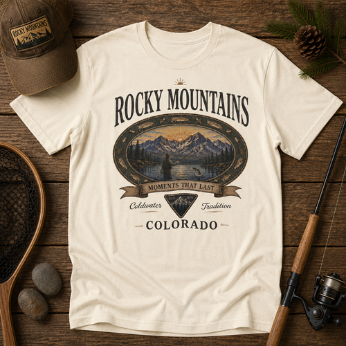 Rocky Mountain Colorado fly fishing tee, flat-lay styled with outdoor gear