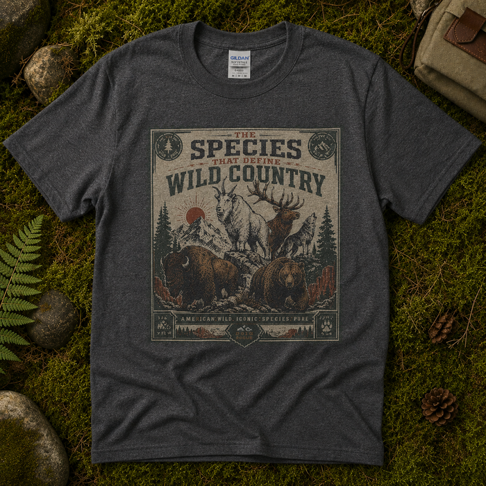 A dark heather gray graphic t-shirt laid flat on a mossy forest floor with pinecones, a fern, and rocks. The shirt features a vintage-style illustrated graphic with the text 'THE SPECIES THAT DEFINE WILD COUNTRY' and illustrations of a deer, bison, bear, and wolf.
